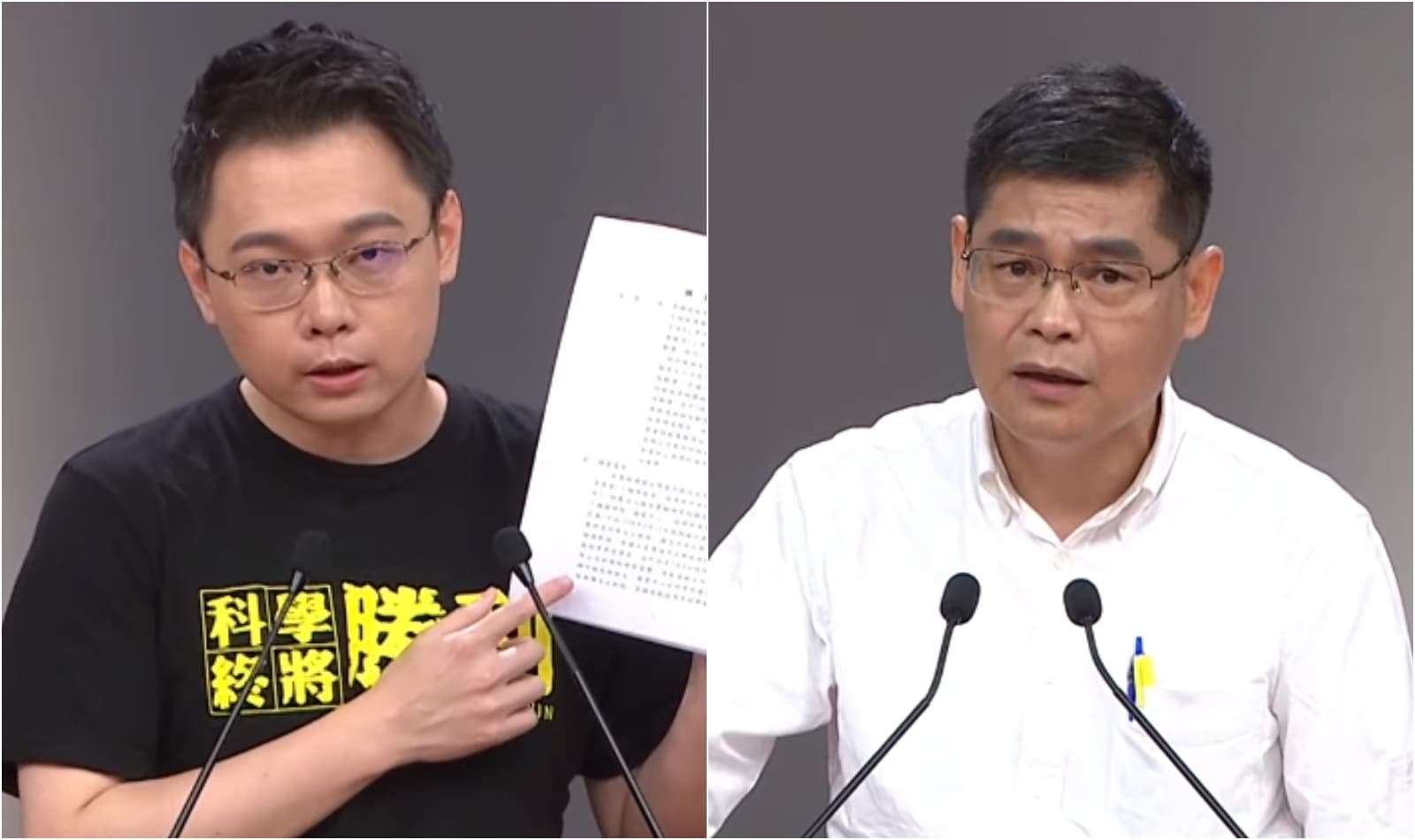 黃士修(左)昨日在公投辯論上對許永輝(右)多次語帶「威脅」,甚至拿出刑事訴狀草稿,揚言要提告。(翻攝自民視直播YouTube)