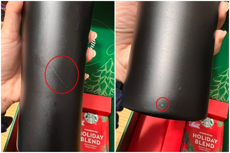 網友發現霧黑的杯身上有好幾條刮痕,還有一處掉漆。(翻攝臉書社團:COSTCO 好市多 消費經驗分享區)