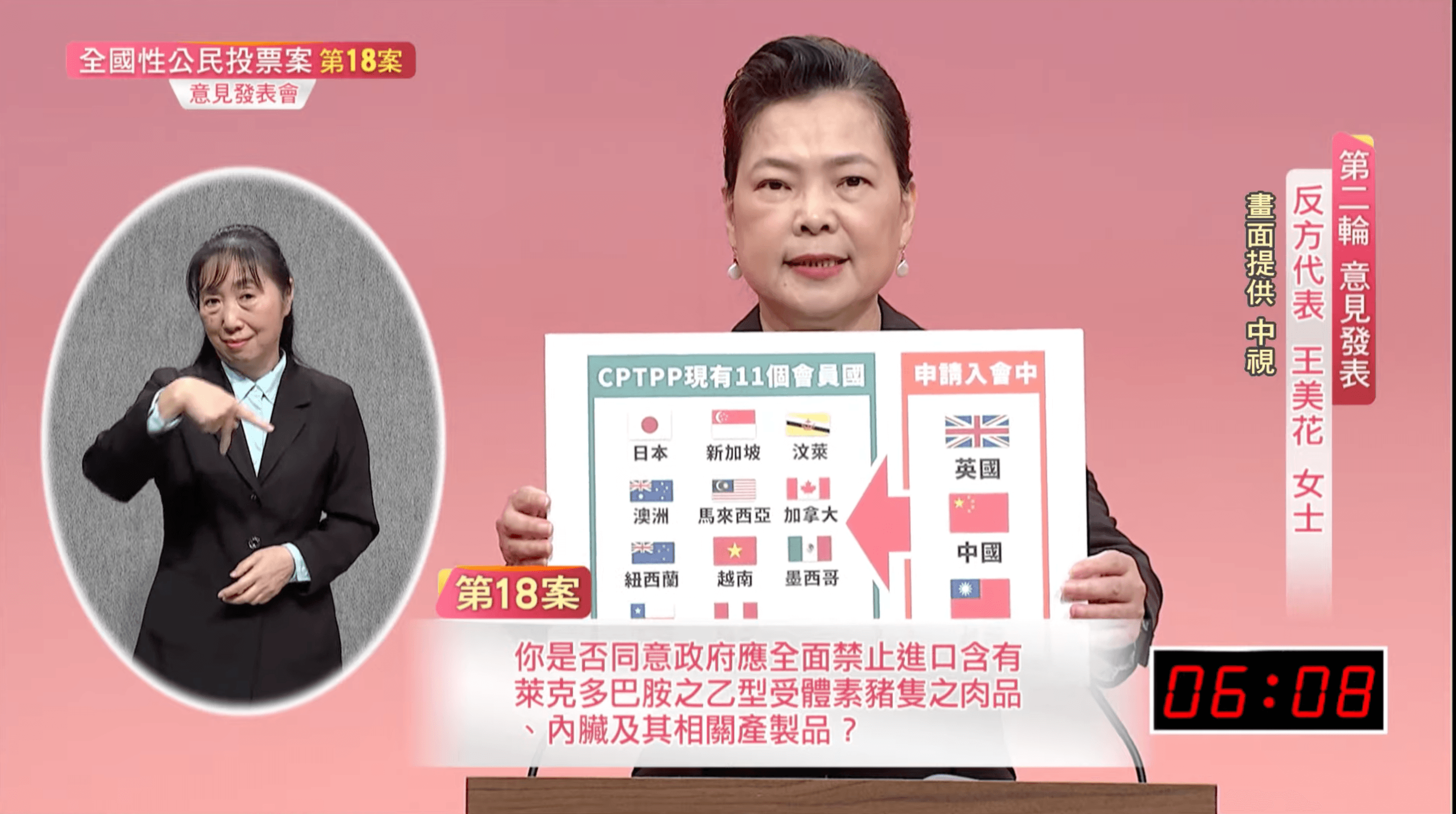 王美花表示,台灣要加入CPTPP現在跑在中國前面,但是若禁萊豬,則等於是拿石頭砸自己的腳。(翻攝自中視新聞YouTube)