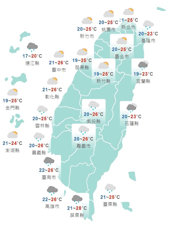 全台各地今日白天天氣狀況。(中央氣象局提供)