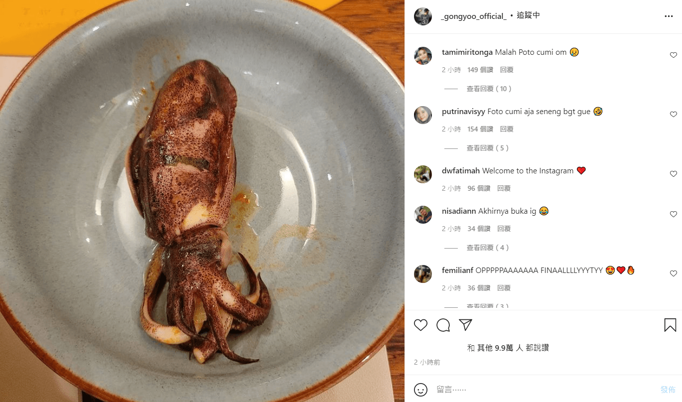 孔劉IG首PO是一隻煮熟的魷魚,不少粉絲猜測可能是他親自釣到的。(翻攝自孔劉Instagram)
