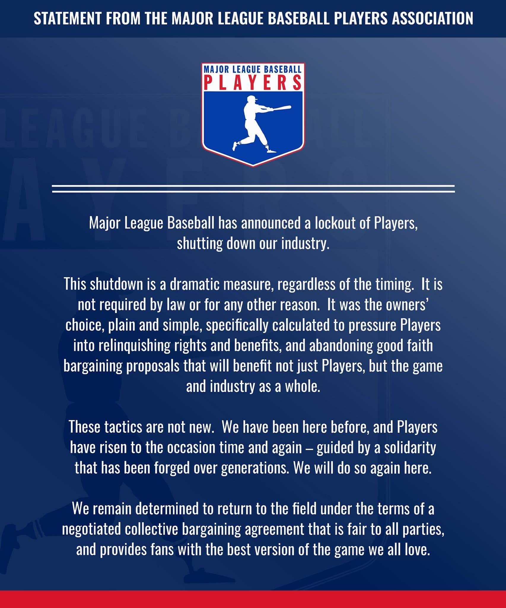 球員工會發聲明反斥封館是不必要的戲劇性措施。(翻攝自@MLBPA_News推特)