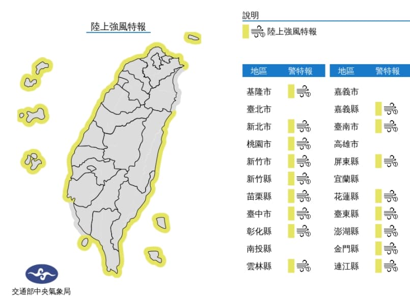 中央氣象局發布陸上強風特報。(中央氣象局提供)
