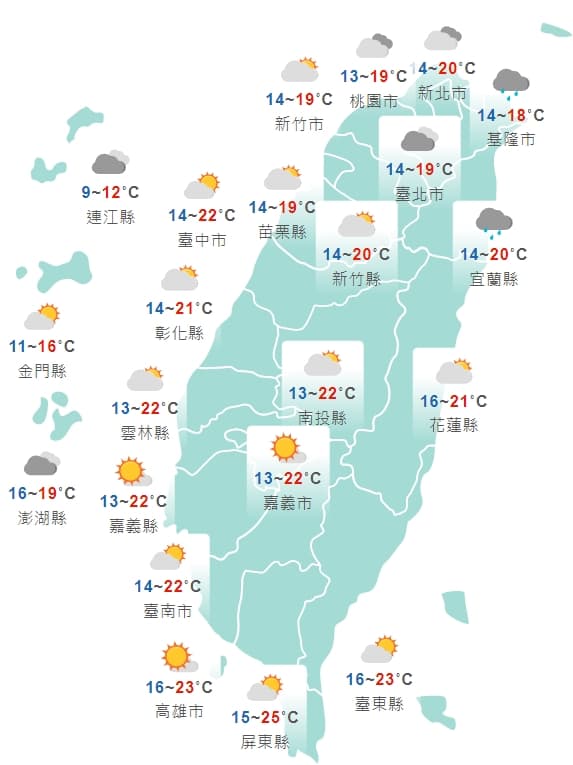 中央氣象局曝光全台各地白天天氣狀況。(中央氣象局提供)