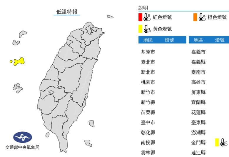 中央氣象局發布低溫特報。(中央氣象局提供)