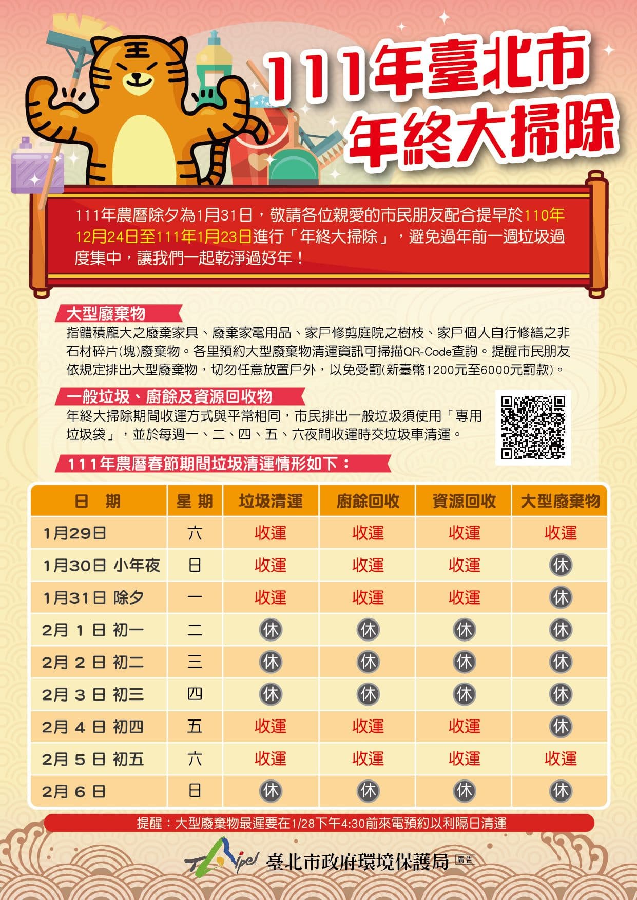 環保局公布2022年春節期間垃圾收運情形，小年夜雖逢週日，但仍有收運垃圾。（北市府提供）