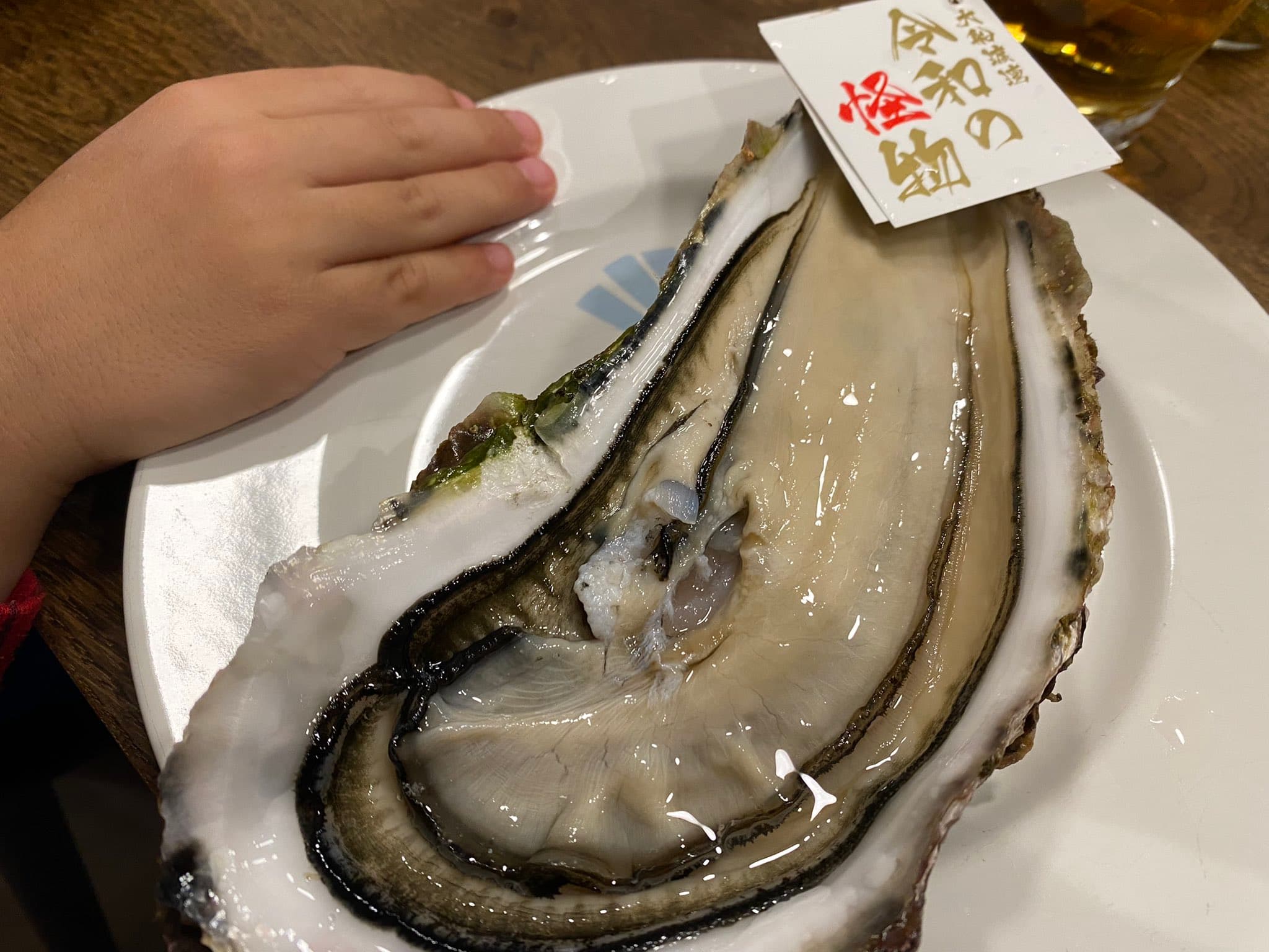 有日本網友在推特上po出一張近20公分的巨無霸牡蠣照片,直呼它大到簡直是「令和怪物」。(翻攝自@MitsuPongPong推特)