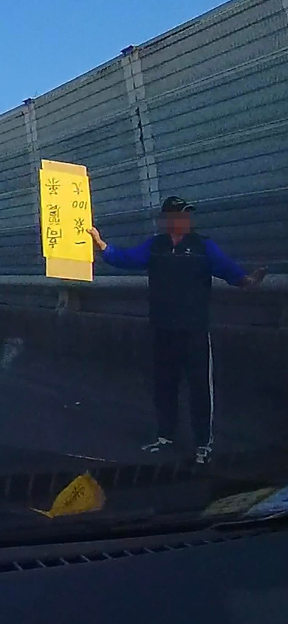 有網友在國道上看見有人手拿「高麗菜1袋100」的標語。(翻攝自爆廢公社)