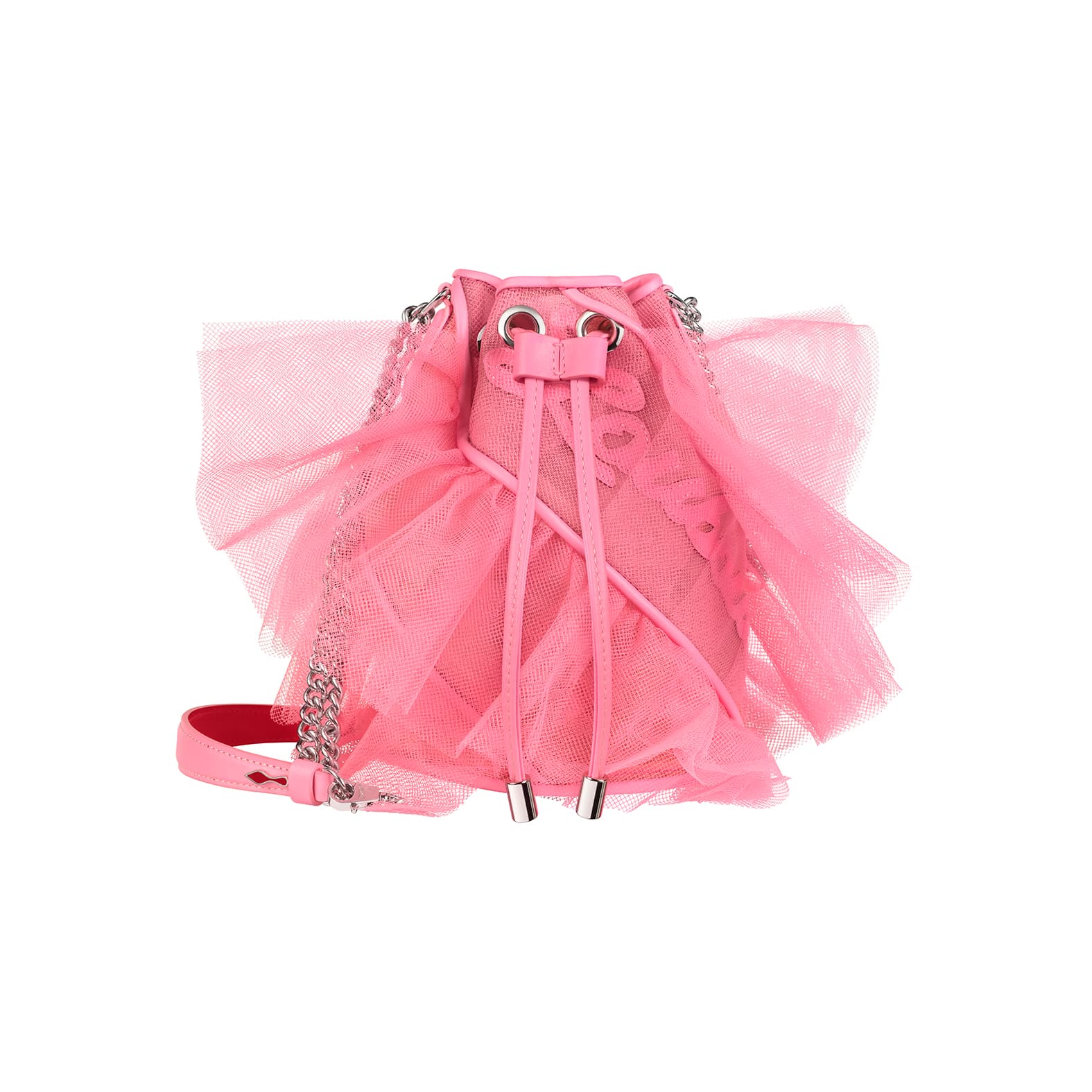 Marie Jane Bucket Fringes粉色薄紗蕾絲手袋。NT$61,200（Christian Louboutin提供）