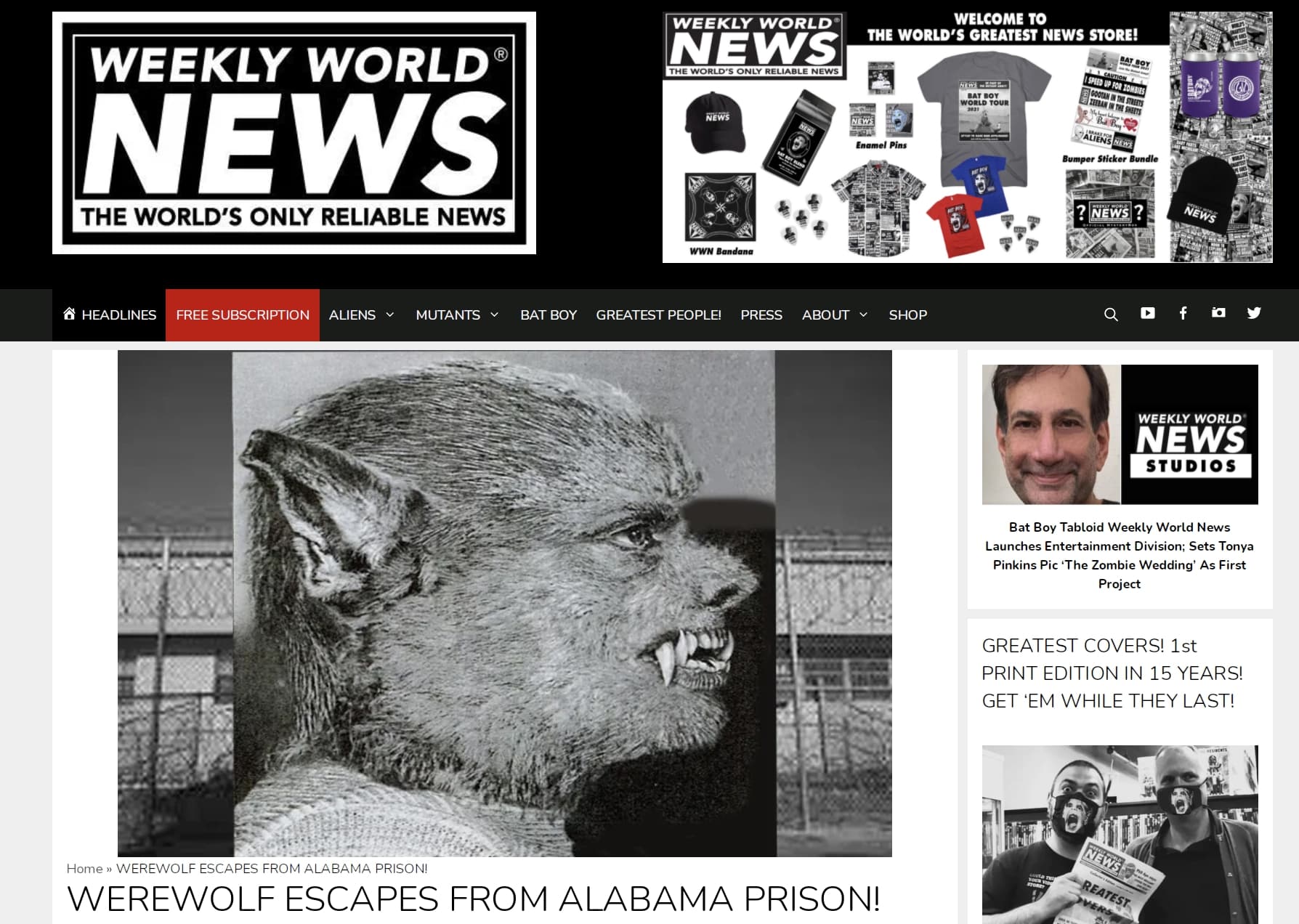 《世界新聞周報》官方的惡作劇報導原文。(翻攝Weekly World News官網)