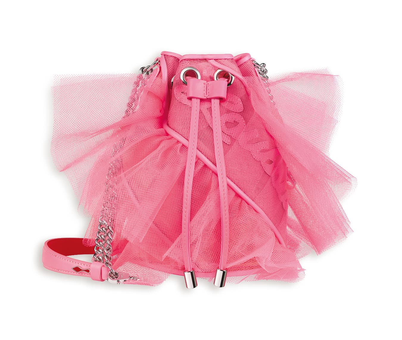 Marie Jane Bucket Fringes粉色薄紗蕾絲手袋 NT$61,200。(Christian Louboutin提供)
