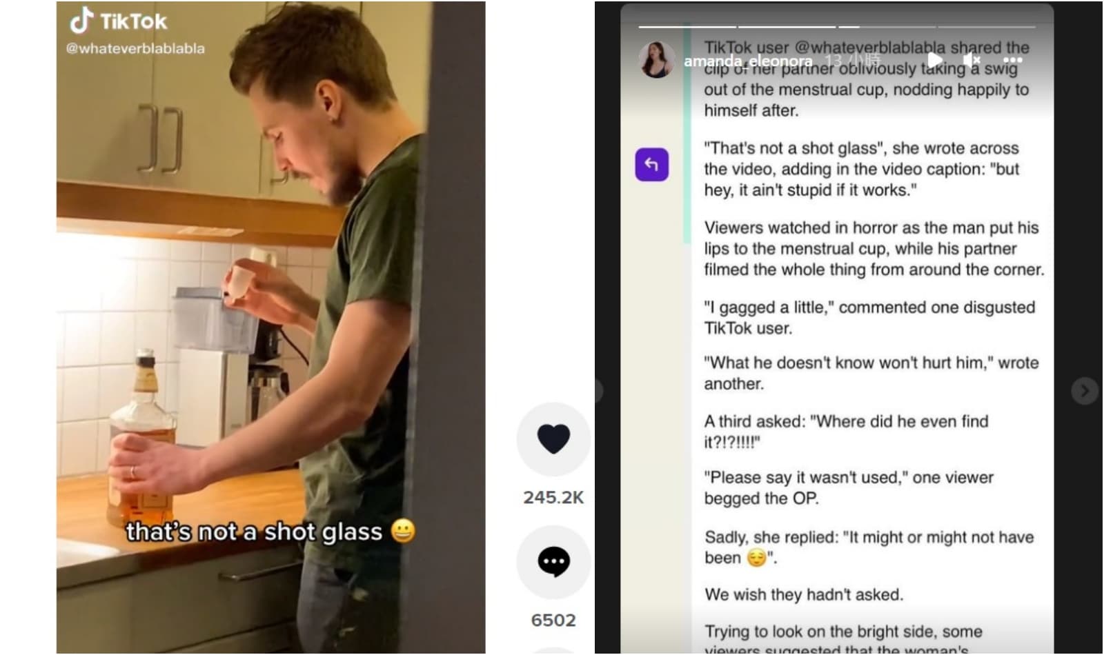 一名男子偷喝酒,手上的「杯子」竟是女生月事專用的月亮杯。(翻攝自Tiktok/Instagram)