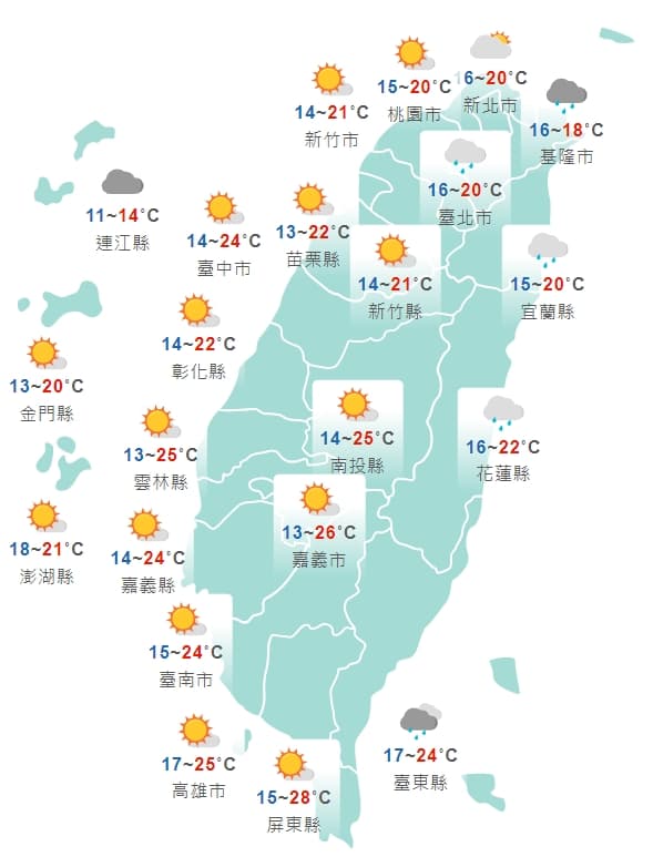中央氣象局公布明日白天天氣狀況一覽。(中央氣象局提供)