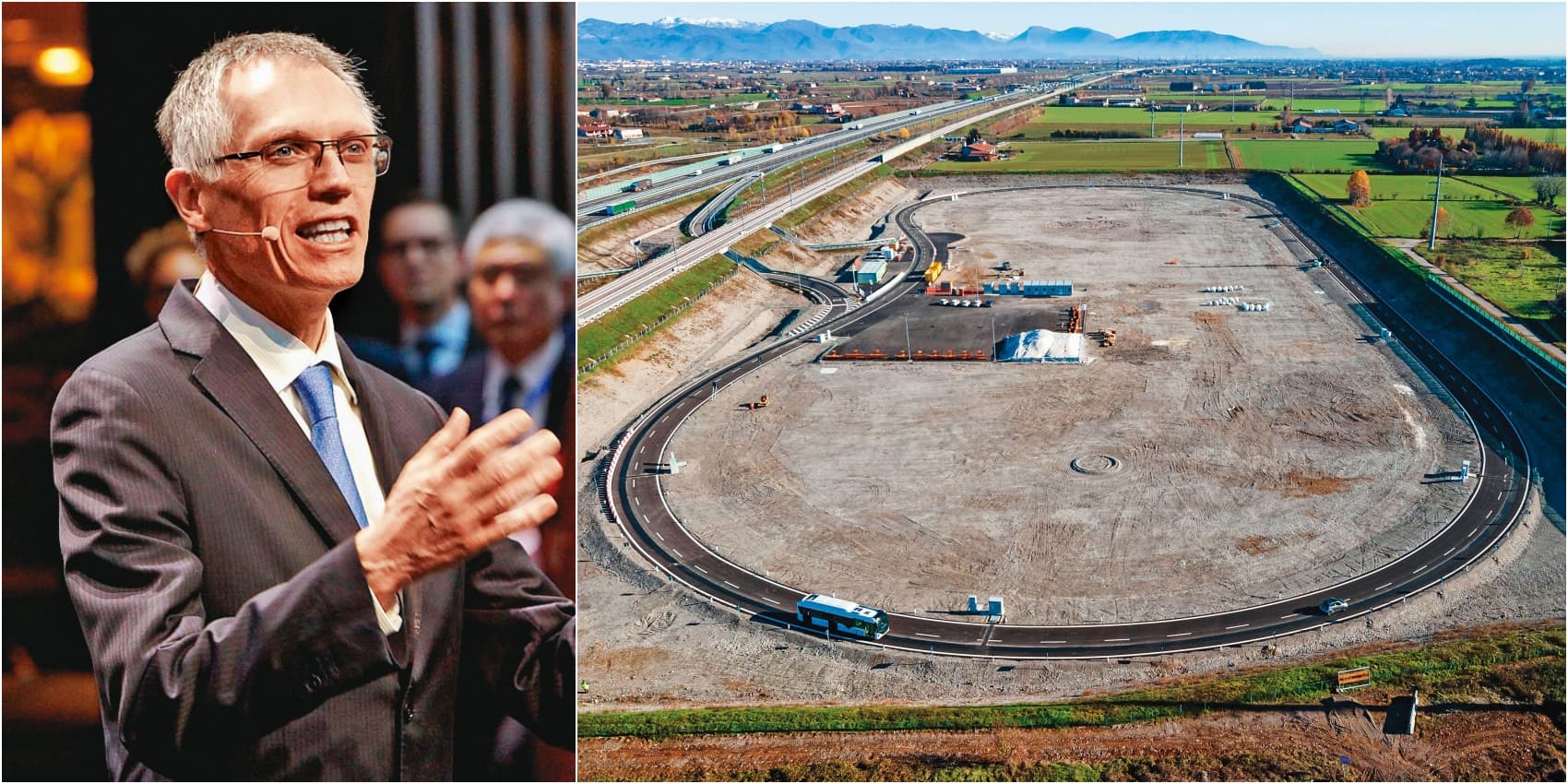 全球第4大車廠Stellantis在義大利建置的無線充電公路(右圖),現已進入第三階段測試。左圖為Stellantis集團執行長Carlos Tavares。(STELLANTIS提供/翻攝維基百科)