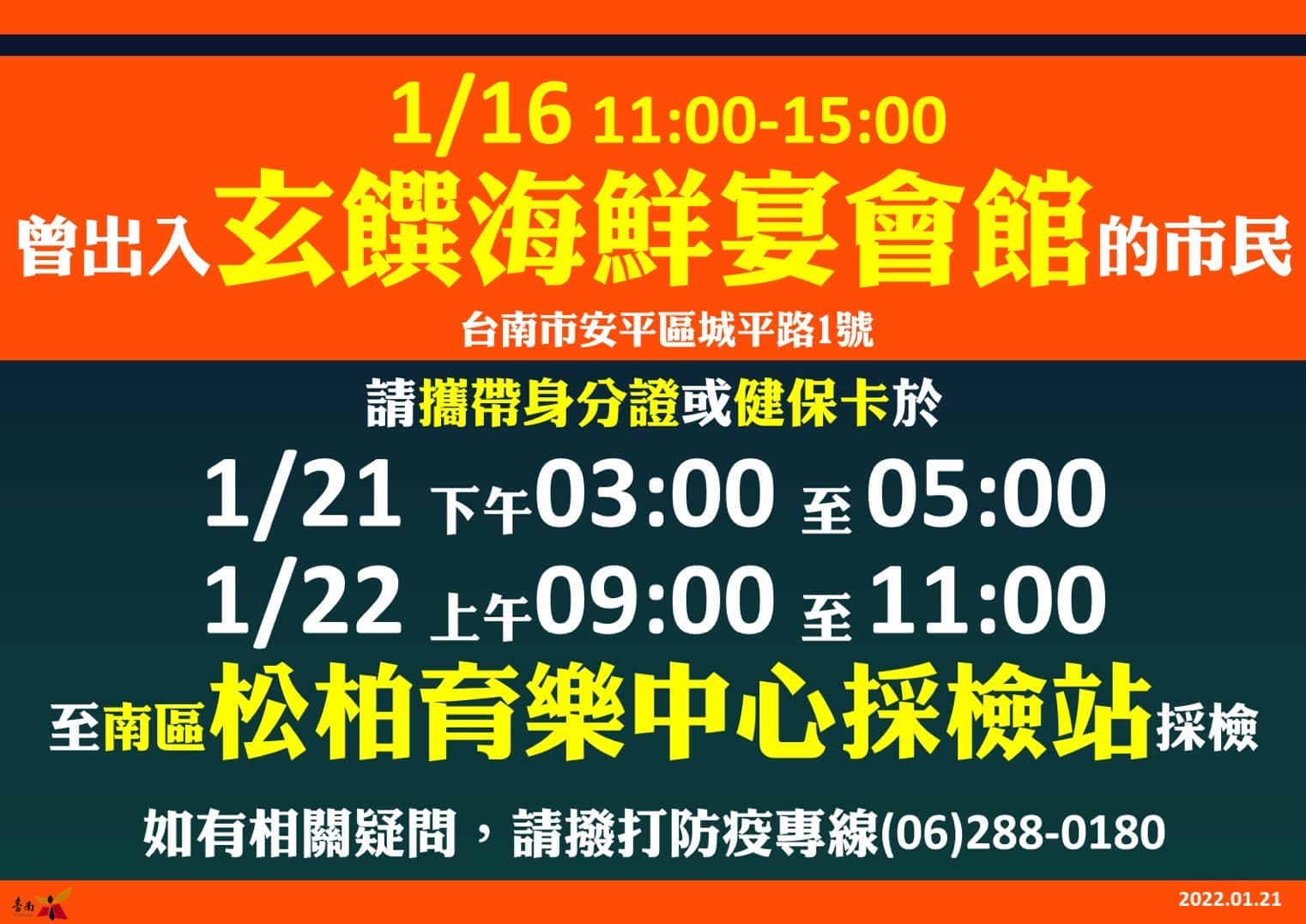 台南市呼籲，與確診者足跡重疊者儘快去篩檢。（台南市府提供）