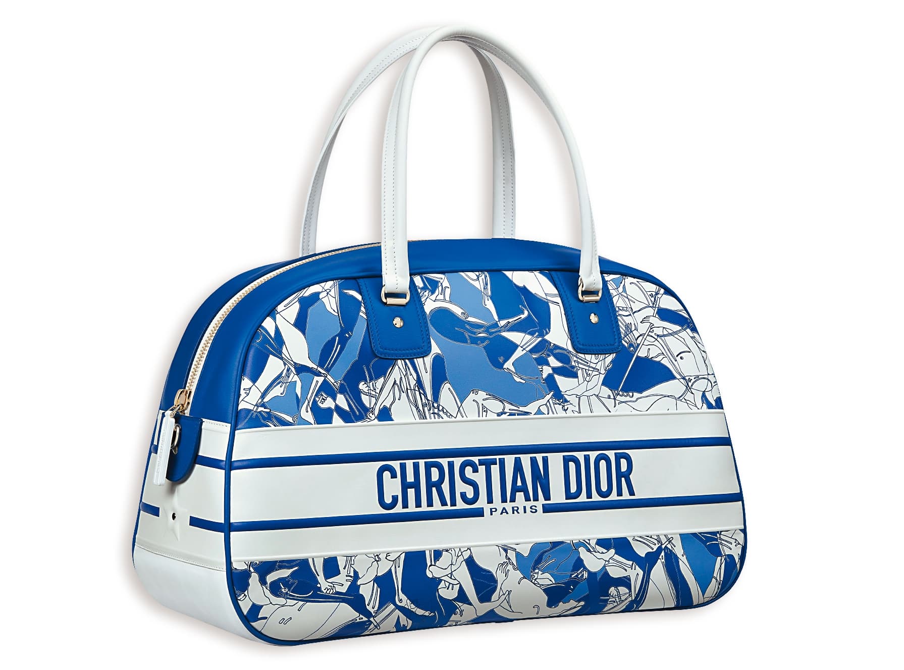 DIOR Vibe系列藍色圖騰小牛皮大型保齡球袋 NT$165,000(DIOR提供)