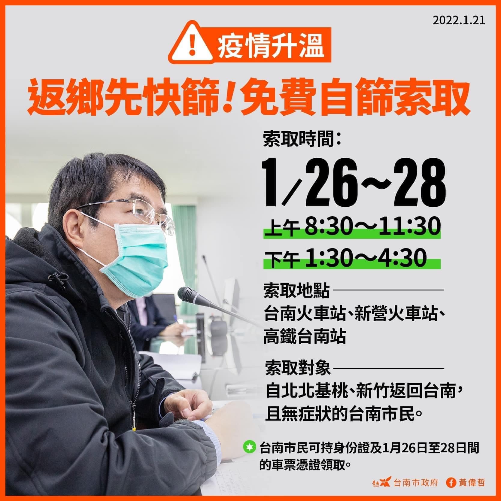 台南市呼籲返鄉民眾,可索取免費快篩。(台南市府提供)