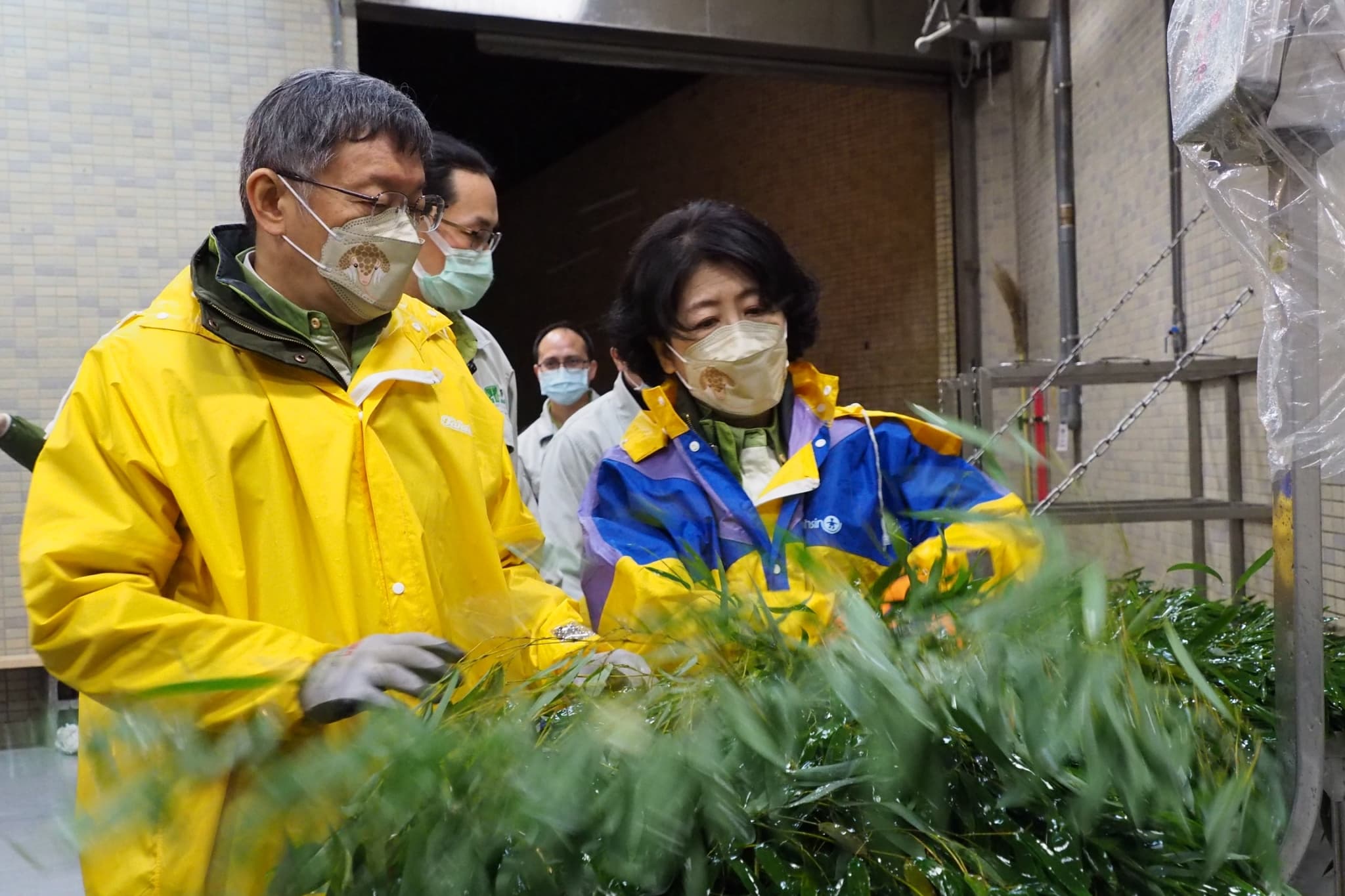 柯文哲與陳佩琪一同協助貓熊洗竹葉。（翻攝自柯文哲臉書）