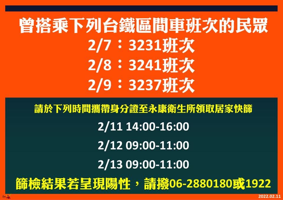 曾搭乘台鐵3班次可至永康衛生所領快篩。(翻攝自黃偉哲臉書)