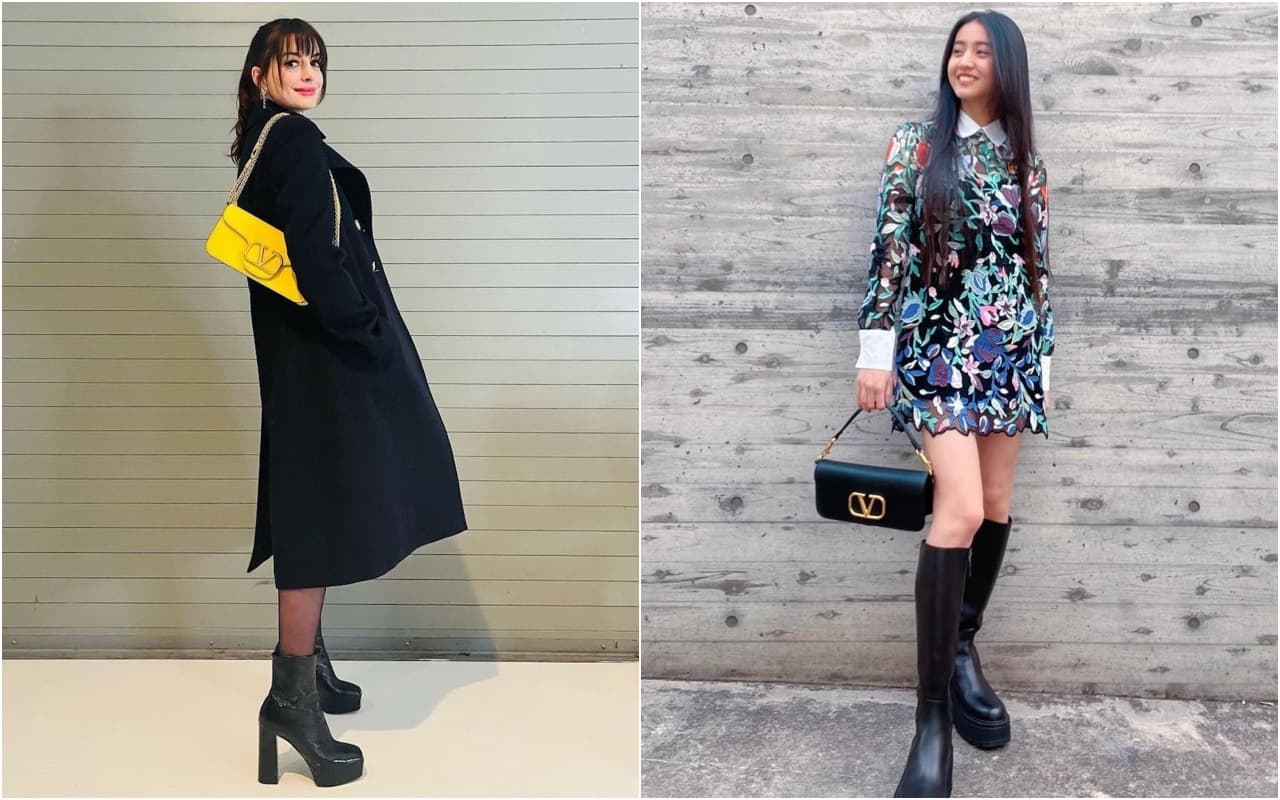 (左起)安海瑟薇(Anne Hathaway)、木村光希(Kōki)秀出同款不同色的Locò包。(Valentino Garavani提供)