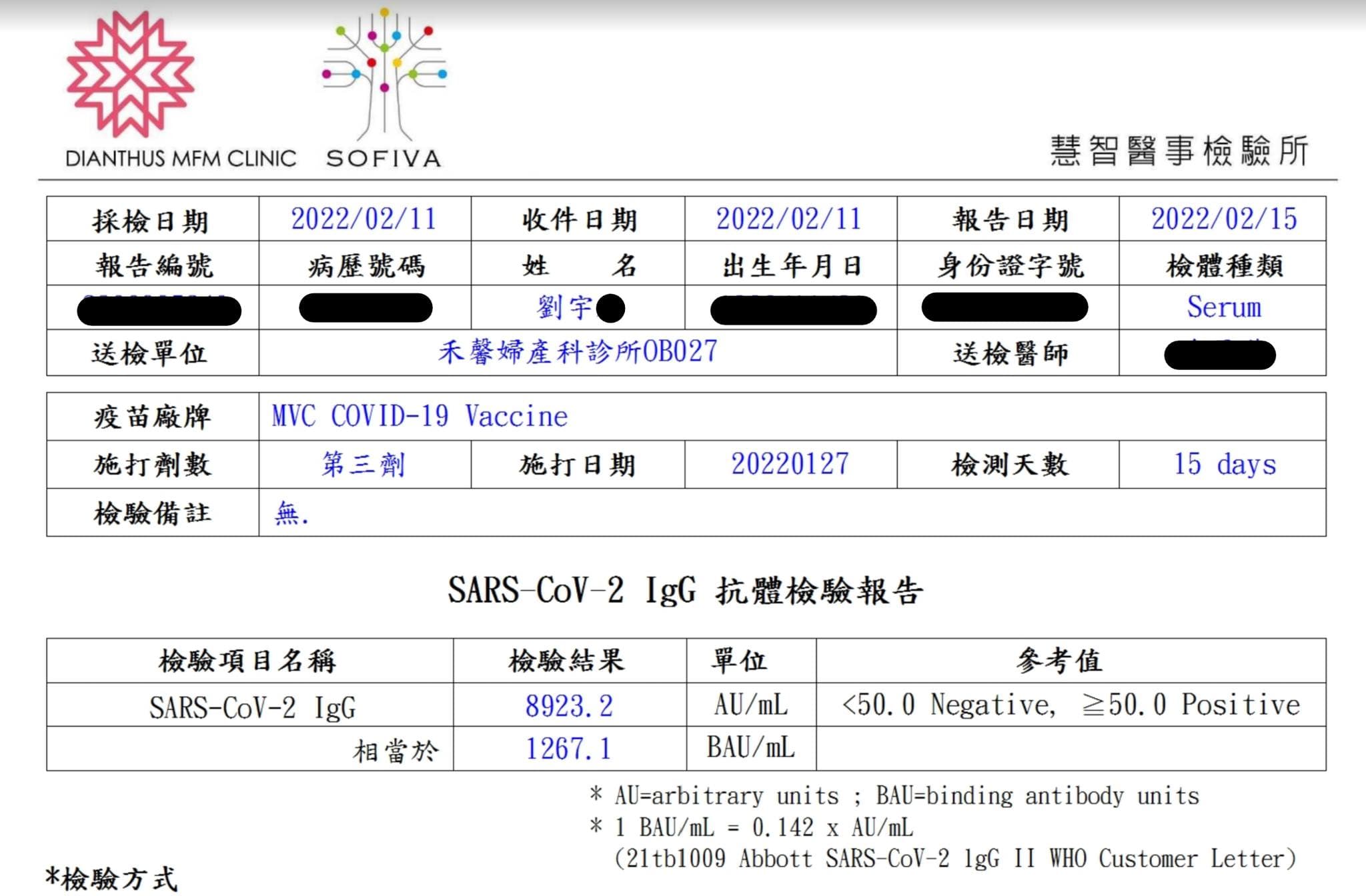 距離施打第三劑15天後，四叉貓體內的抗體數值來到8923.2 AU/mL。（翻攝自劉宇臉書）