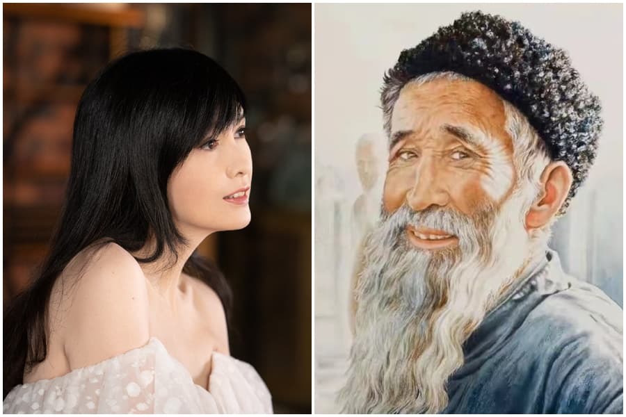 周慧敏(左)淡出演藝圈後,靠繪畫展露才藝,她的畫作「新疆老翁」(右)還曾獲獎。(翻攝周慧敏微博)