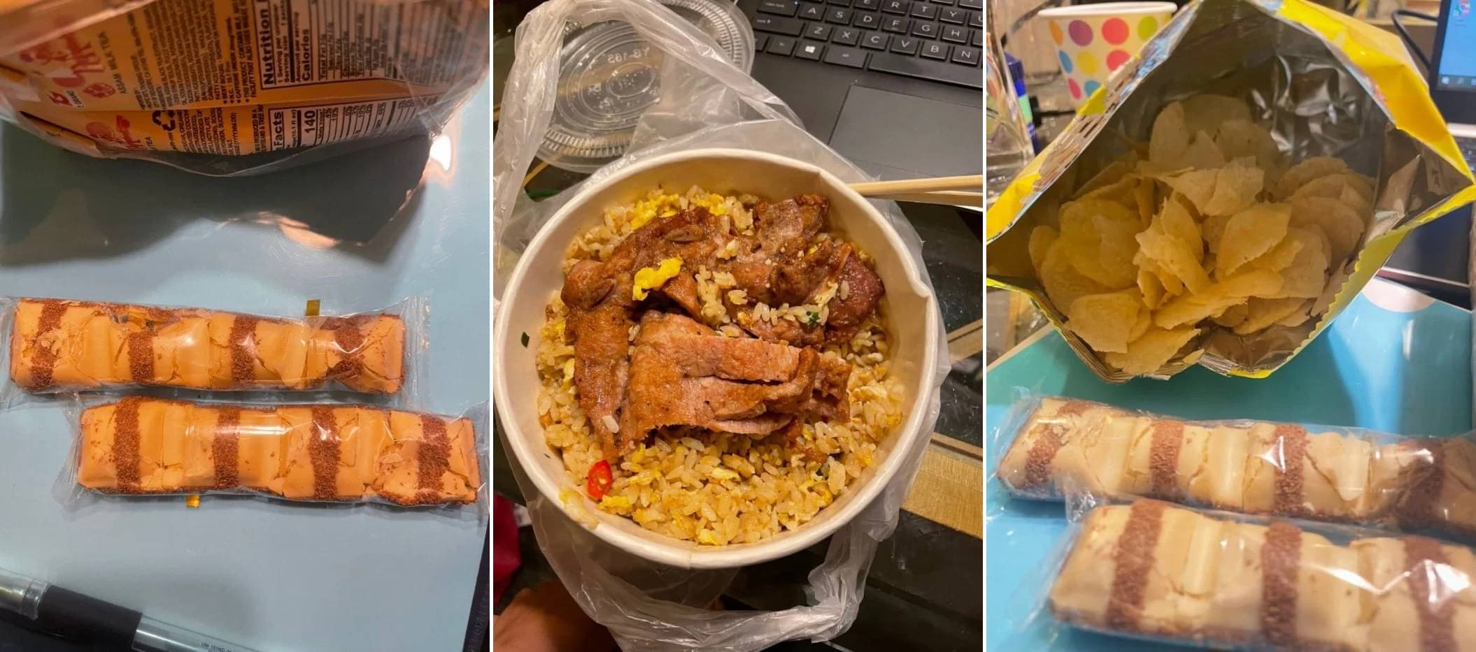 親友送來的巧克力被捏碎、便當飯菜明顯被翻攪過、連洋芋片包裝都被拆封檢查，網友問「如果在這個期間，食物被感染了怎麼辦？」。（翻攝Dcard）