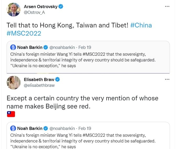 歐美各界認為尊重各國主權一說從王毅口中說出來相當諷刺。(翻攝自推特)