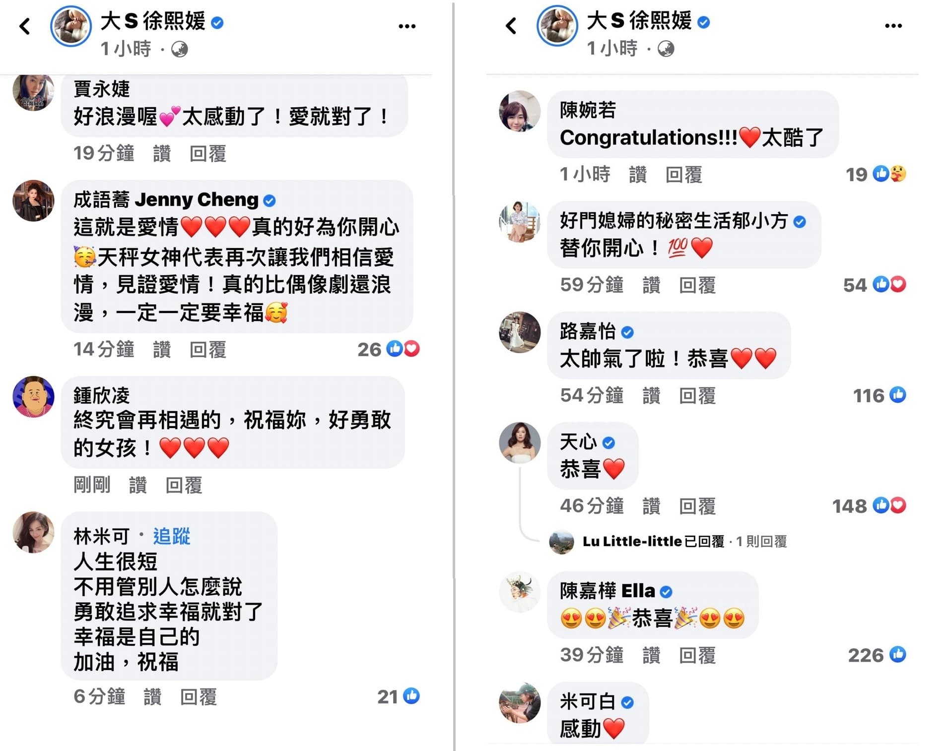 大S在臉書告知喜訊,不少星友大大的恭喜。(翻攝大S臉書)
