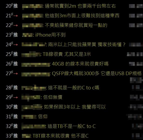 PTT網友認為，蘋果賣3公尺的TB線價錢其實很佛心。（翻攝自PTT）