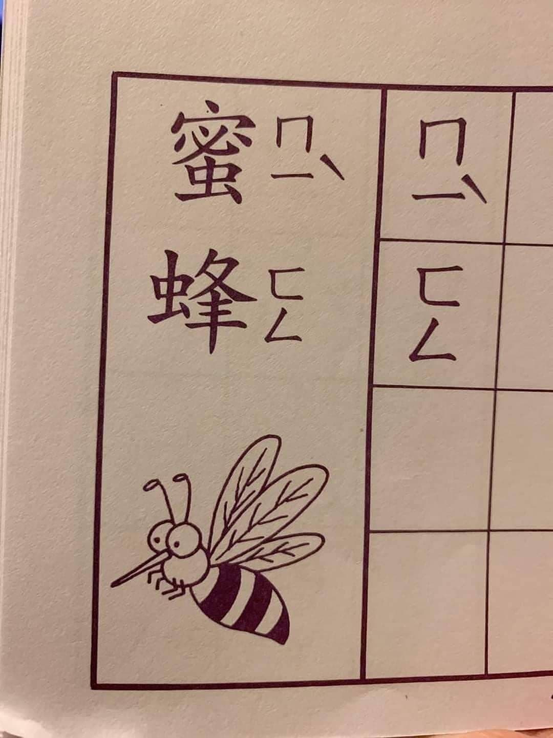 網友分享蜜蜂的插畫卻不見屁股上的螫針,反而嘴巴長了尖刺。(翻攝自爆料公社)