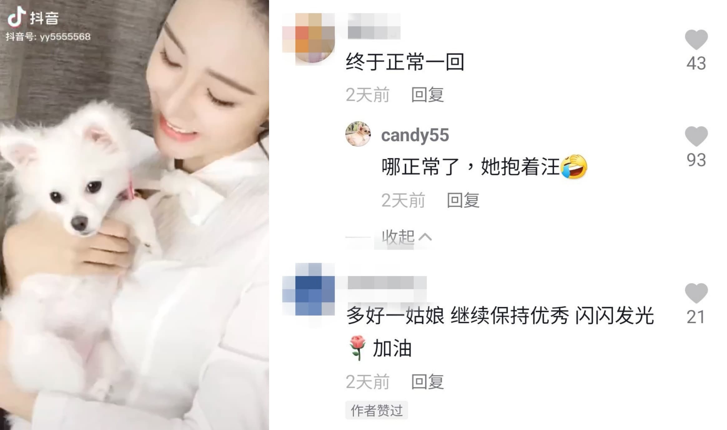 張穎穎抱著狗的照片竟被網友聯想與汪小菲有關,舉一反三的聯想力驚人。(翻攝自張穎穎抖音)