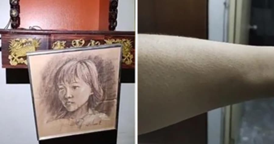「晚安小雞」湊近畫像看的時候,抽屜動了一下,讓他嚇得手臂馬上起雞皮疙瘩。(翻攝自「晚安小雞」臉書)