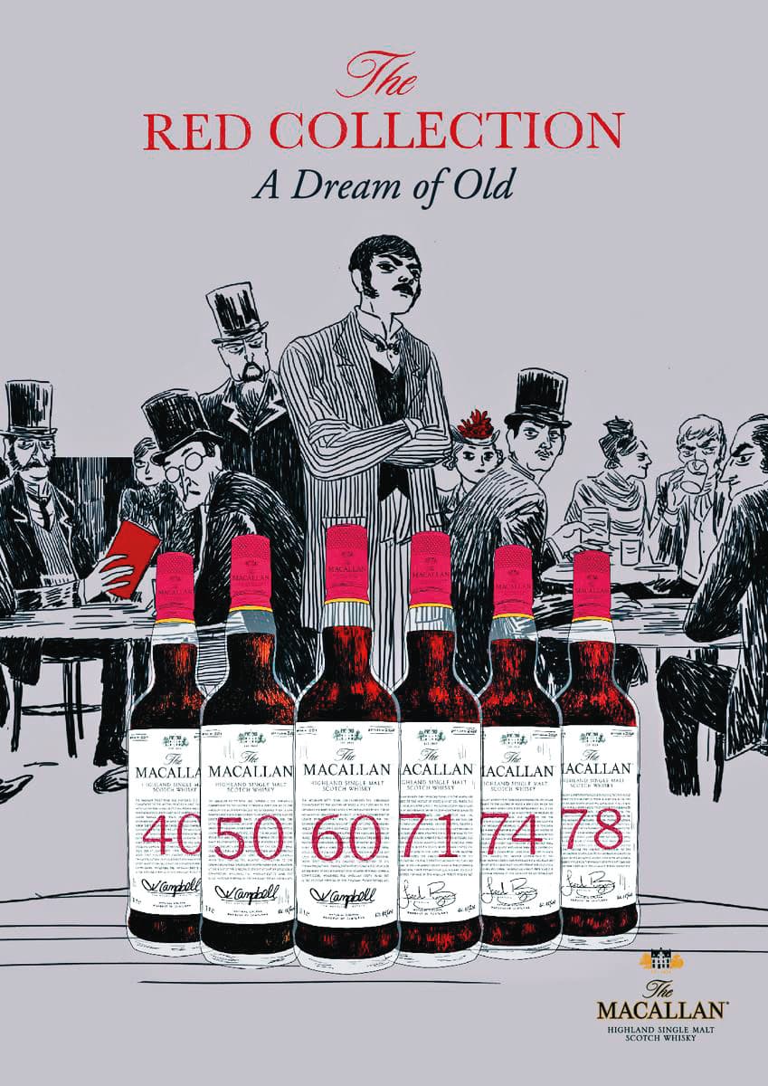 麥卡倫「The Red Collection」的海報，其中40年、50年、60年3款是由麥卡倫威士忌大師克莉絲汀．坎貝爾簽名。
