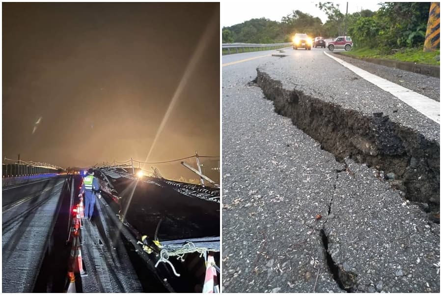玉里鎮台9線路燈因強震倒塌,台30線玉長公路全線封閉。(翻攝自記者爆料網)