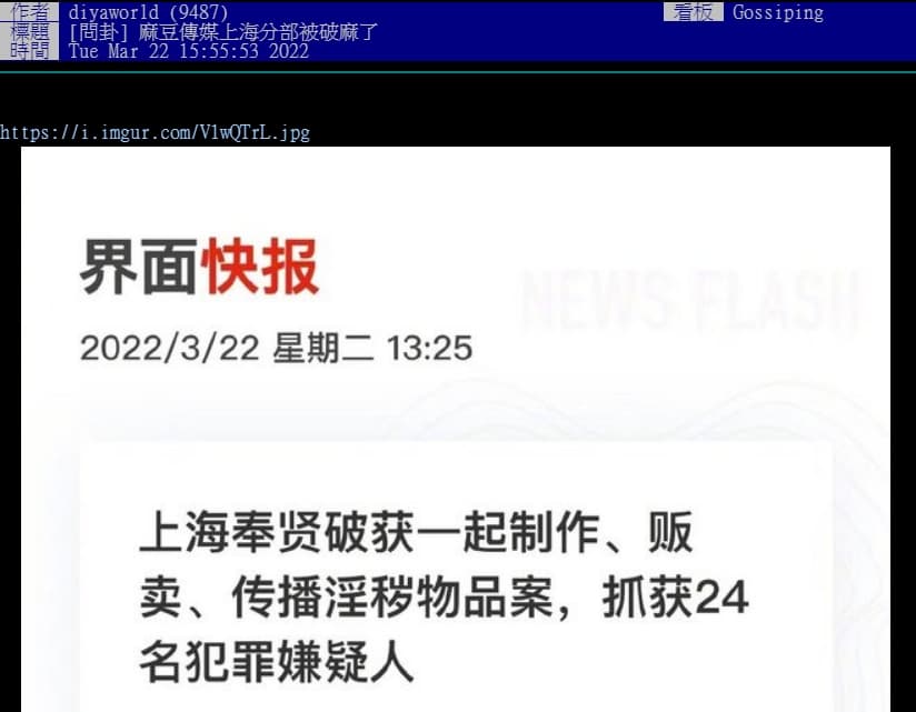 火速竄紅的麻豆傳媒AV拍攝相關團隊,在中國上海涉及製作、販賣、傳播淫穢內容的案件遭捕。(翻攝自PTT)