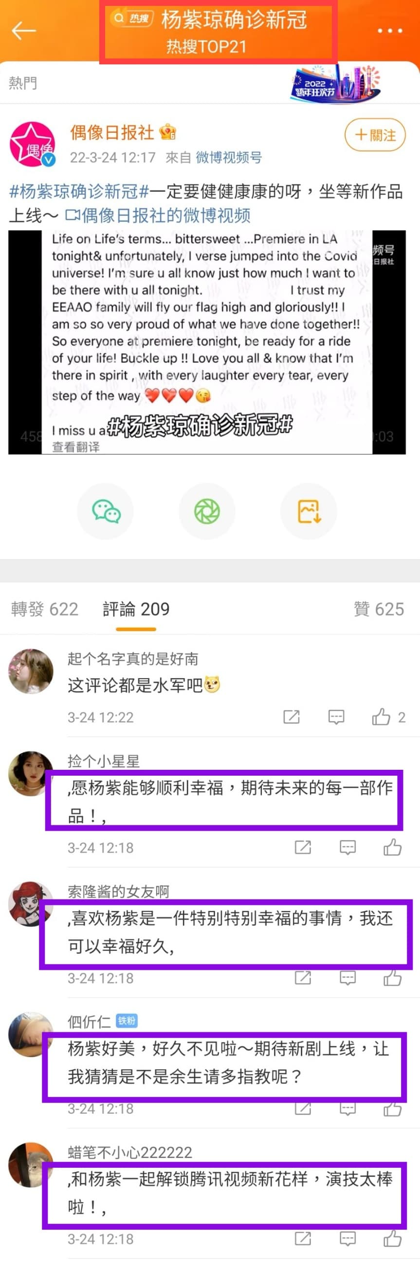 「楊紫瓊染疫」的相關文章下,卻都是關於「楊紫」的讚美留言。(截圖微博)