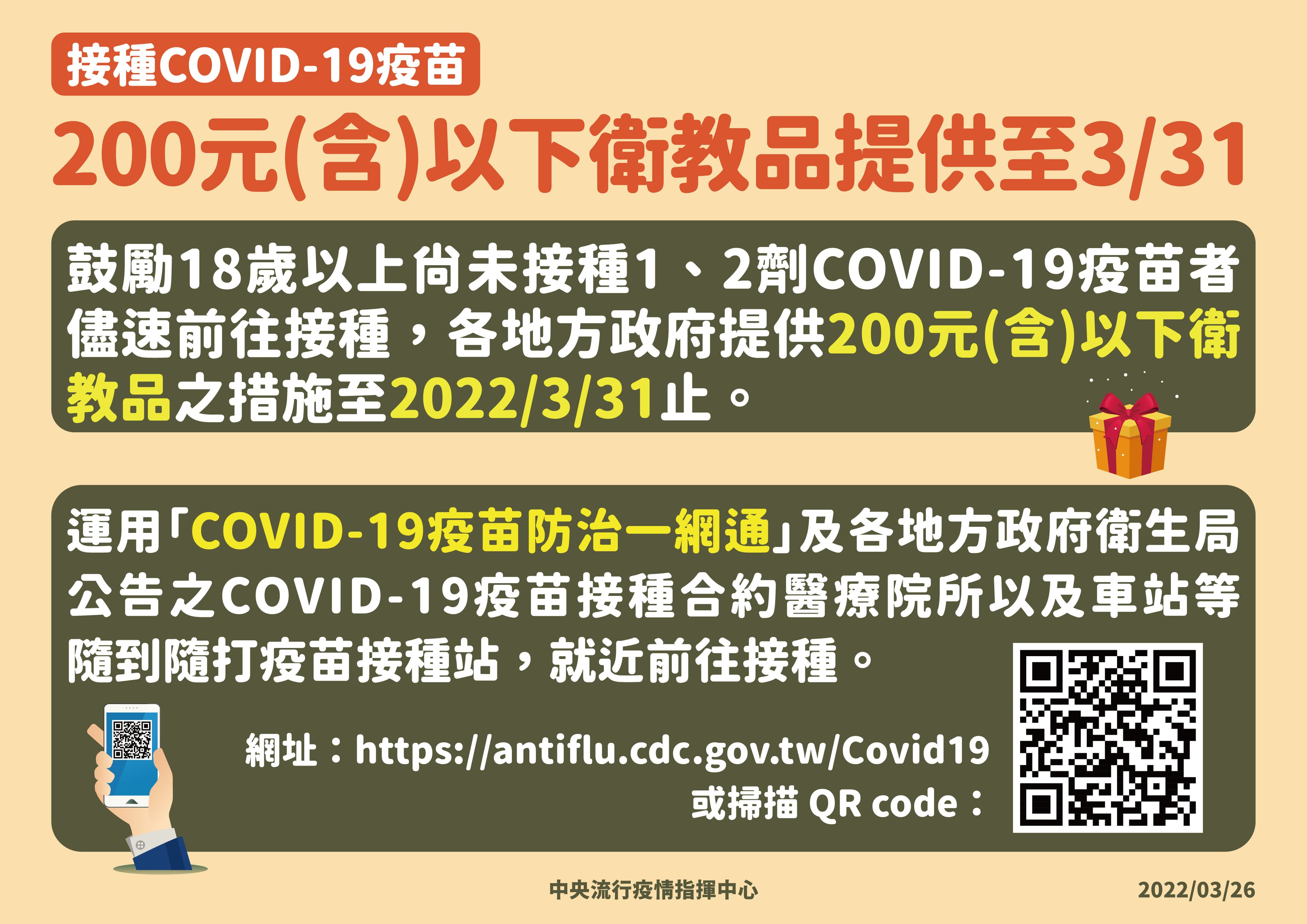指揮中心公布地方政府提供200（含）以下衛教品，鼓勵18歲以下民眾踴躍施打疫苗。（指揮中心提供）
