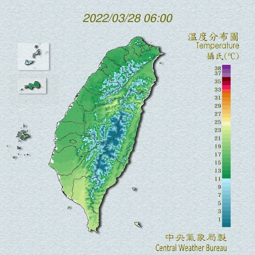 中央氣象局發布全台溫布分布圖。（中央氣象局提供）