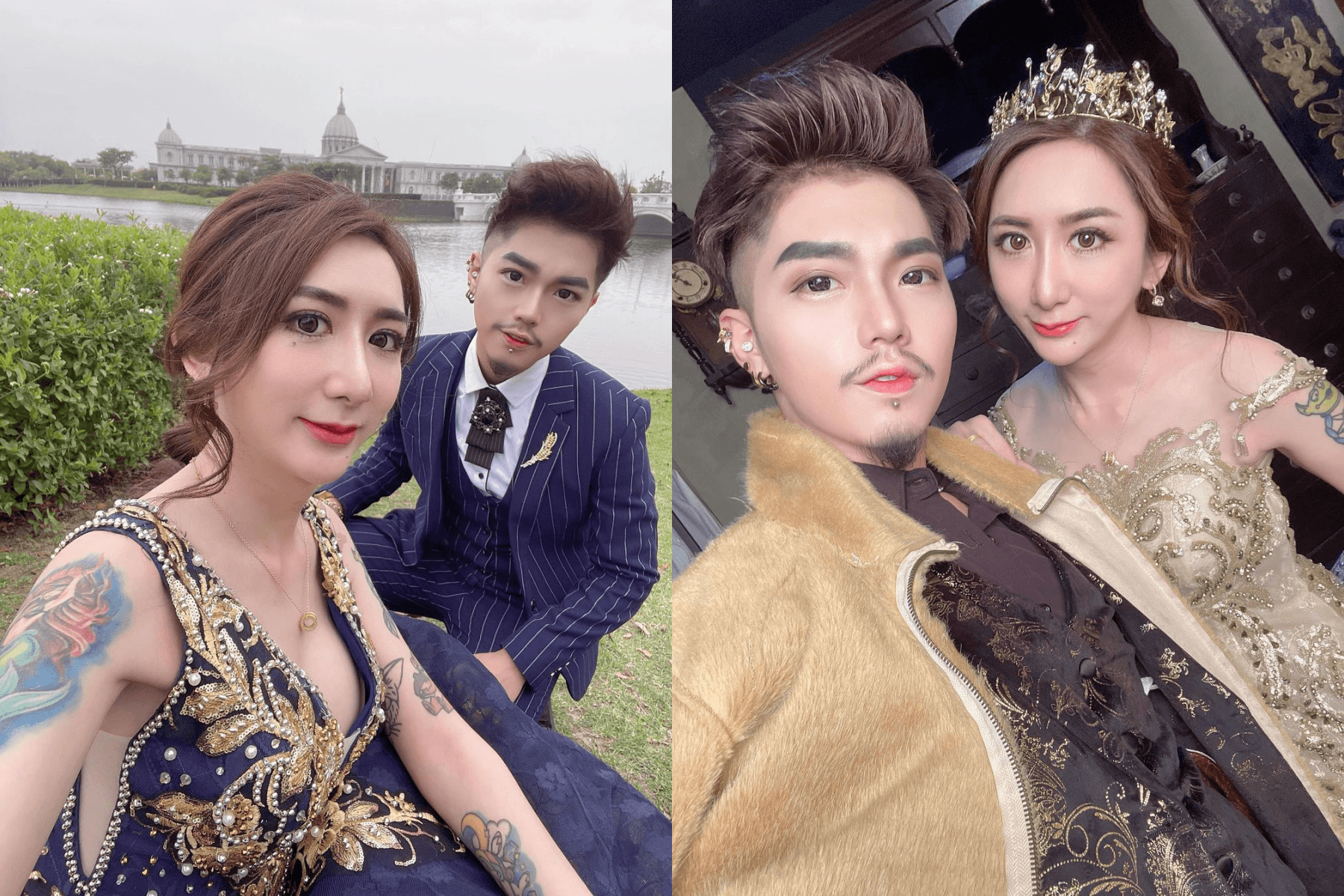 罔腰（左圖左、右圖右）除了穿白色婚紗，還拍了2套藍色和金色的禮服。（翻攝自@wen810615 IG）