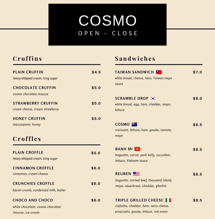 「Cosmo Coffee」的菜單上用國旗標示各個餐點的特色,不料竟因此引來批評。(翻攝自Cosmo Coffee官網)