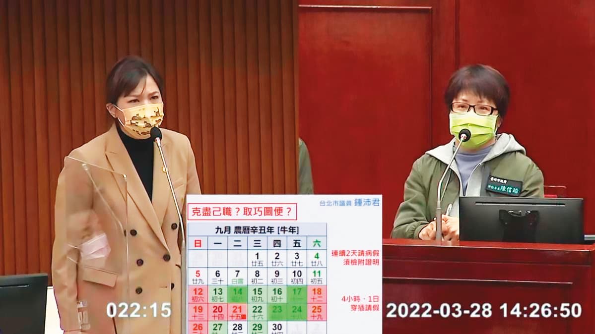 陳信瑜(右)2年來請假超過800小時,質詢時遭台北市議員鍾沛君(左)炮轟。(翻攝自北市議會直播)