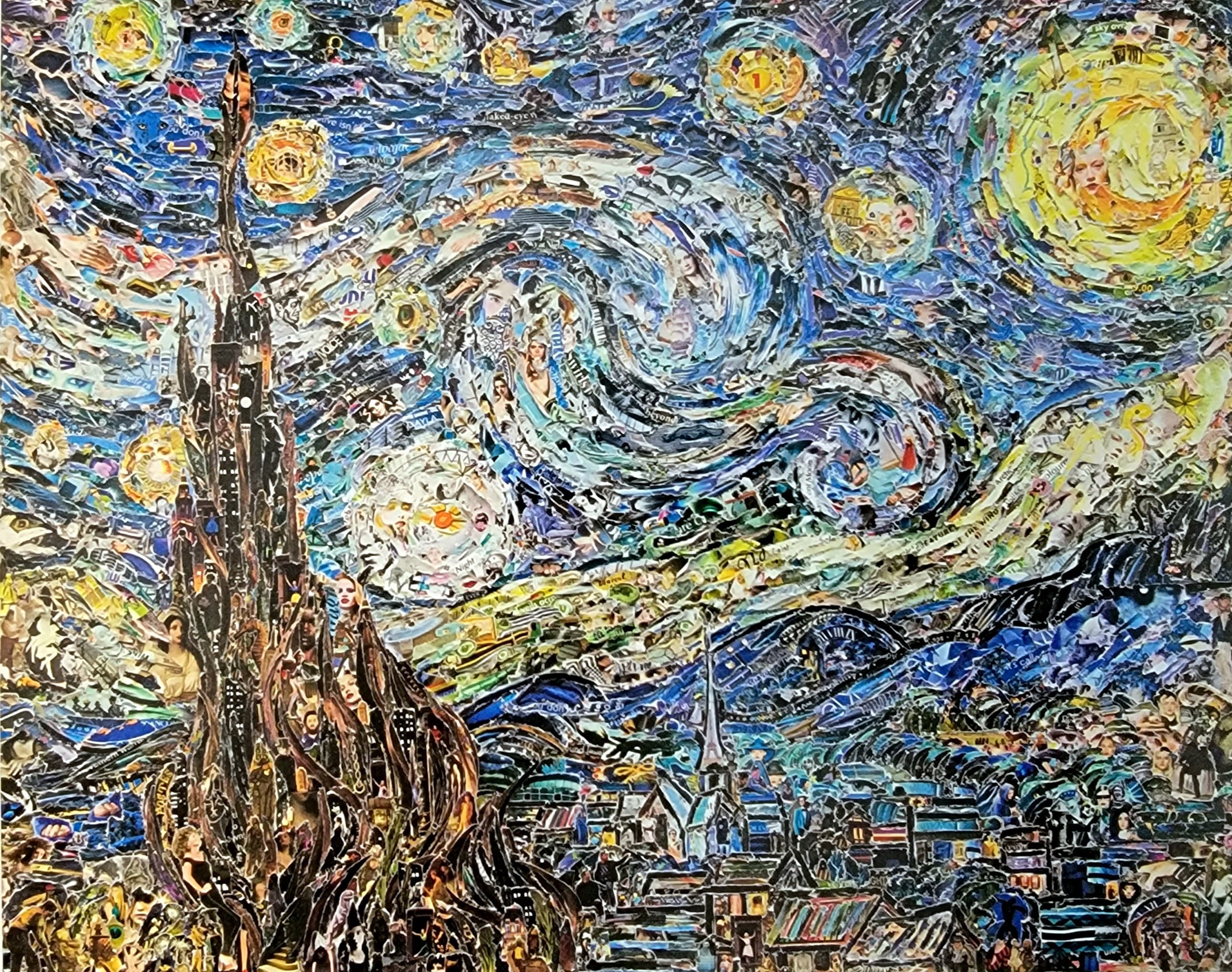 巴西藝術家Vik Muniz 透過雜誌圖像的拼貼,重新詮釋Van Gogh的名作「星夜」,作品尺寸226x180cm。(寶吉祥藝術中心提供)