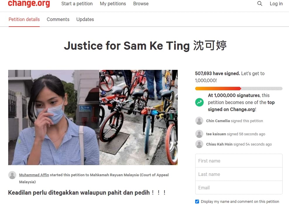 逾50萬人連署要求為沈可婷重審。(翻攝自change.org)