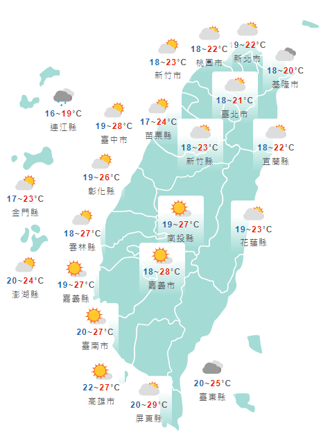 中央氣象局預測全台各地白天天氣狀況。(中央氣象局提供)