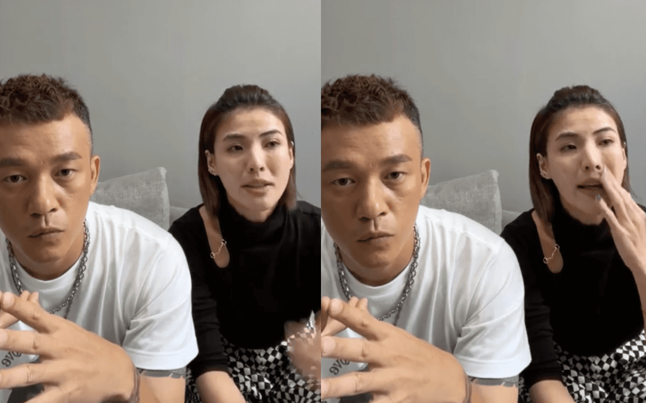 徐小可(右)與阿Ben(左)開直播,她落淚道歉,表示之前的批評並不帶政黨色彩。(翻攝自白吉勝&徐小可白宮這一家臉書)