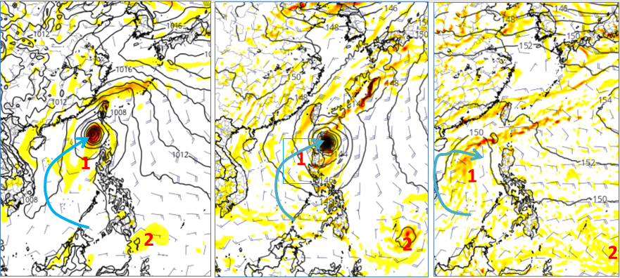 最新歐(左圖)、美(中圖)、加(右圖)模式,模擬3日20時850百帕渦度圖顯示,在南海有「熱帶擾動」發展,並皆有向東北緩慢迴轉(淺藍線)的趨勢。在菲律賓東方海域則另有1個「熱帶擾動」發展。(翻攝自三立準氣象•老大洩天機專欄,圖擷自tropical tidbits)