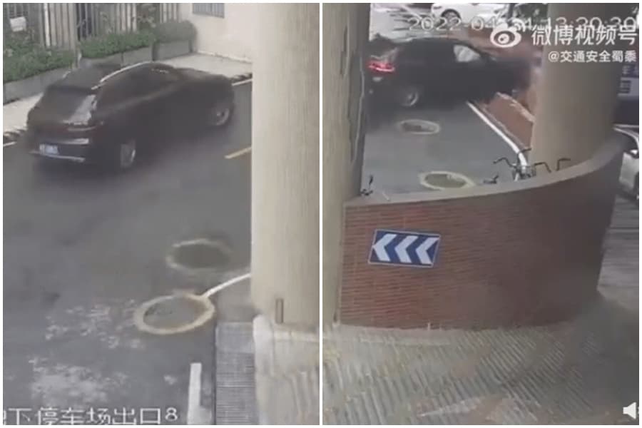 女駕駛疑似把油門當成煞車踩,直接衝破圍牆,最後車頭朝下摔到停車場車道。(翻攝微博)