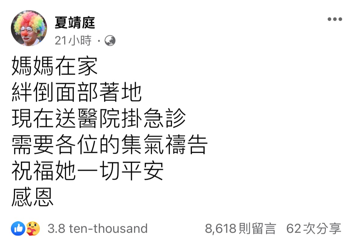 夏靖庭因母親跌到,發文希望朋友幫忙集氣。(翻攝自夏靖庭臉書)