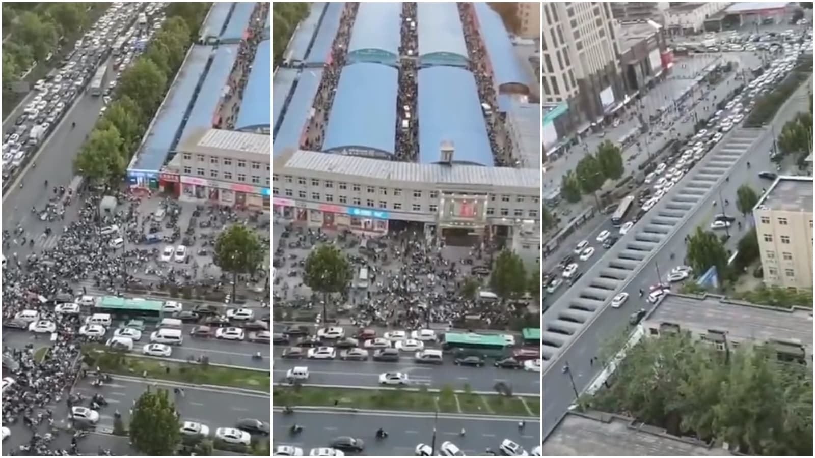 中國網友曝光一間大賣場外面，人潮、車潮全湧入週遭，驚人景象令人咋舌。（翻攝自微博）